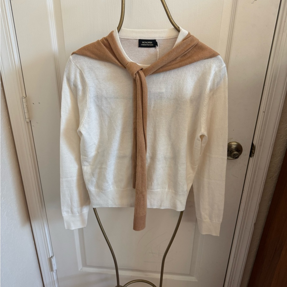 Sandro White Crewneck Sweater with Camel Accent